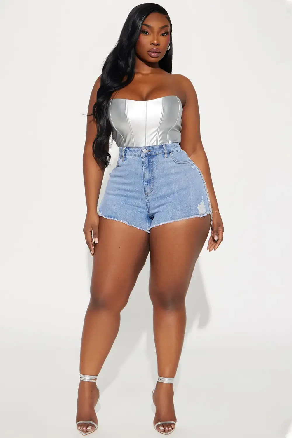 See Me Shine Embellished Stretch Denim Shorts - Light Wash