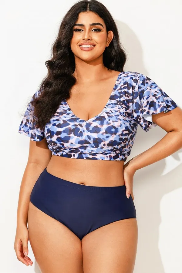 Floral Print V-Neck Flutter Sleeve Bikini Top