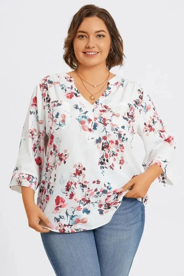 V-Neck Floral Print Pullover 3/4 Sleeve Blouse