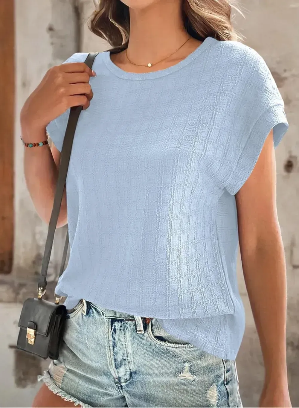 Dokotoo Tops for Women Trendy Summer Casual Cap Short Sleeve Basic Textured Solid Color Round Neck T Shirts Blouse