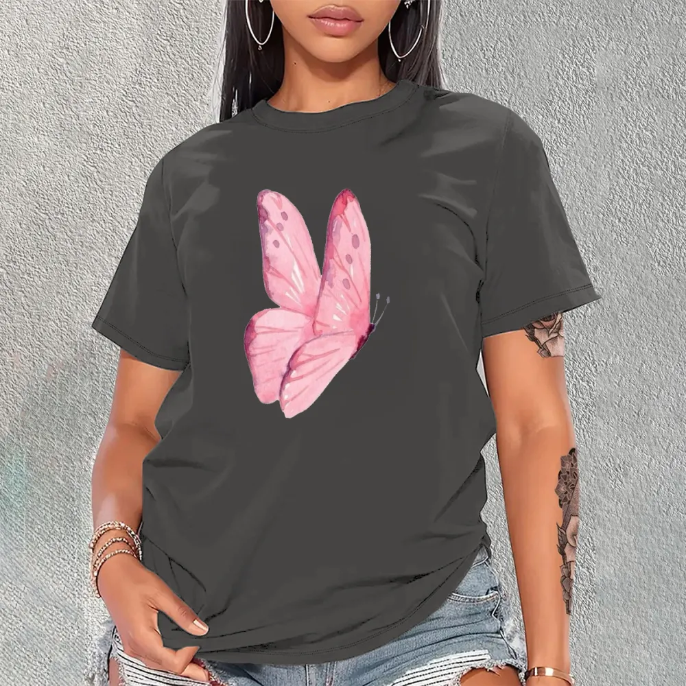 Pink Painted Butterfly Pattern Casual T-Shirt