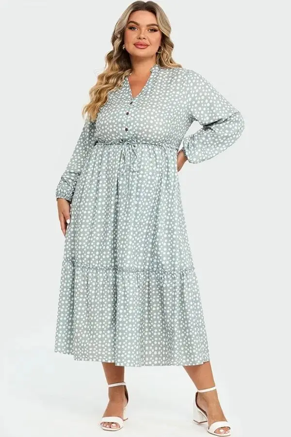 Dot Print Button Tie Waist Ruffled Hem Dress