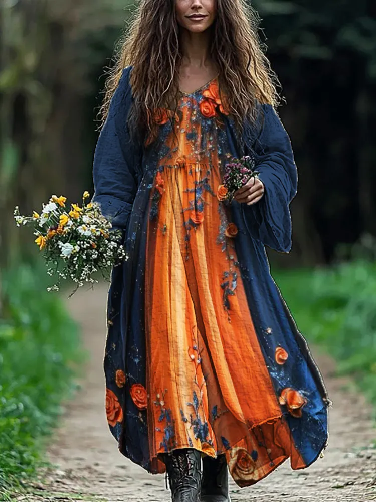 Elegant Floral Contrast Color Flowy Maxi Dress
