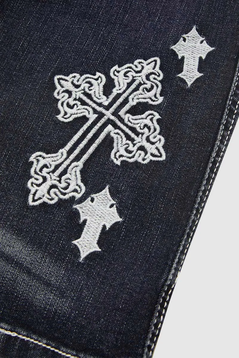 Wash Cross Embroidery Low Rise Bootcut Jeans