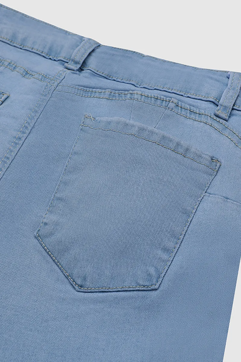 Wash Zip Design Mid Waist Denim Bermuda Shorts