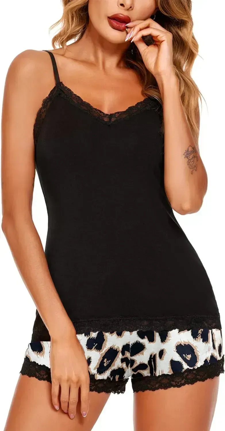 Women Cami Pajama Set Modal Sleepwear Lace Trim Short PJ Set with Shorts