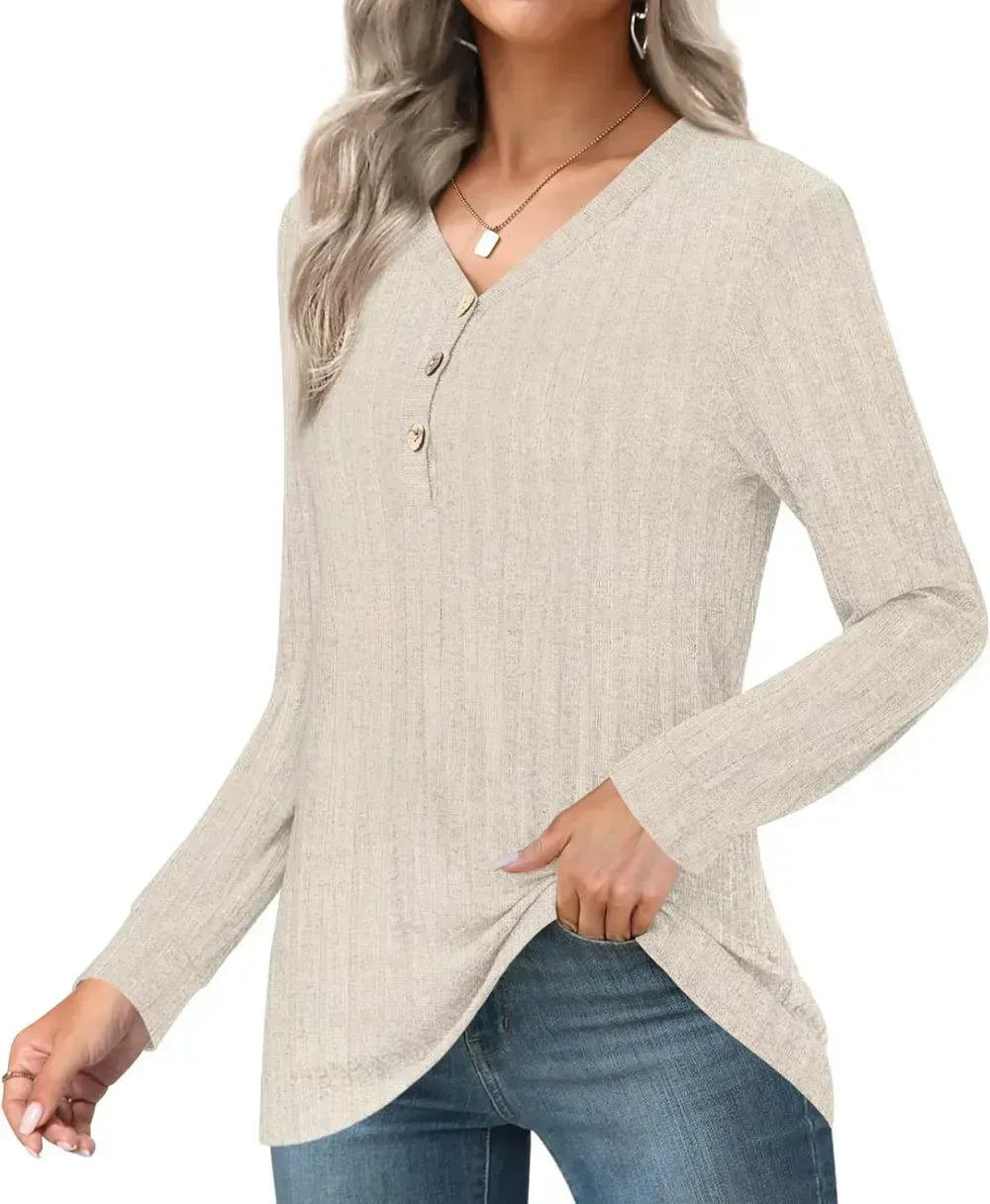HOTGIFT Womens 2024 Fall Winter Tunic Tops Long Sleeve Casual T-Shirts Soft Comfy Stripe Blouse Lightweight