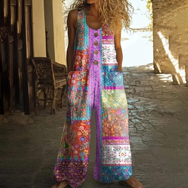 Women's Floral Patchwork Pattern Art Print Casual Jumpsuit