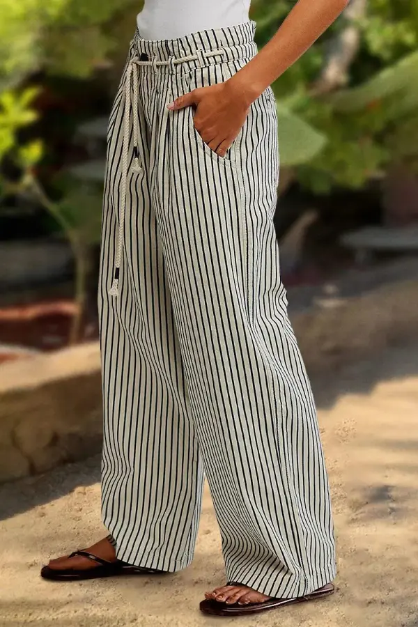 Striped Drawstring Pleated Mid Rise Straight Leg Pants