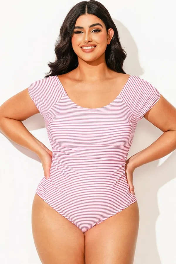 Pink Stripes Round Neck Women One Piece Swimsuit