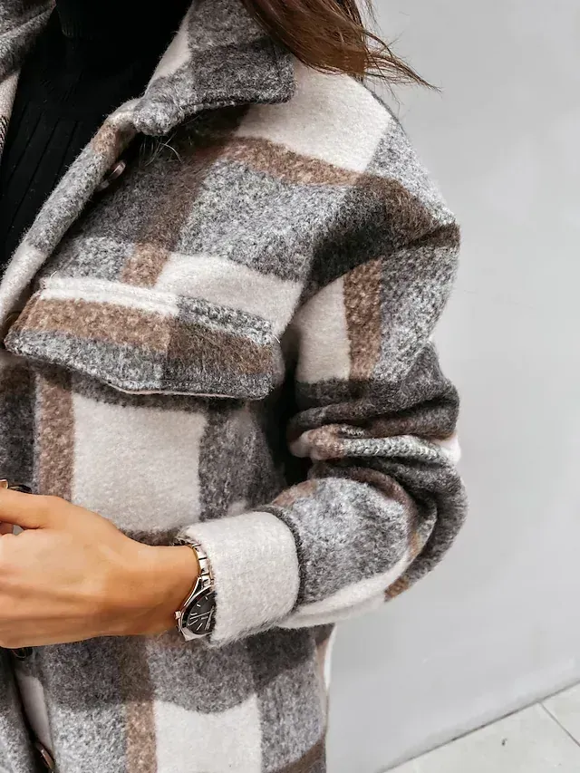Women's trench coat set head long plaid coat with pockets slim coat