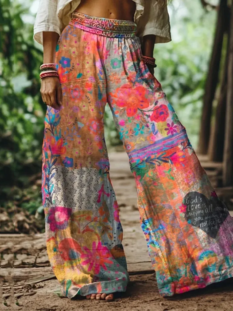 Vintage Bohemia Floral Pattern Women's Linen Blend Casual Pants
