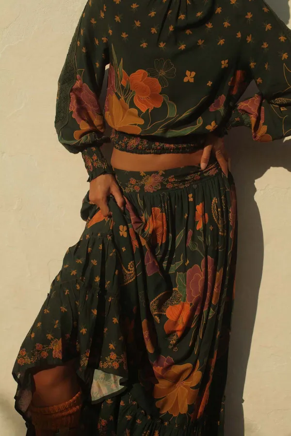 Dark Green And Orange Floral Print Maxi Skirt