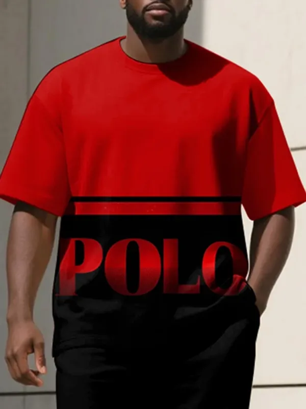 Men'S Plus Size Red And Black Gradient Letter Print T-Shirt Trousers Suit