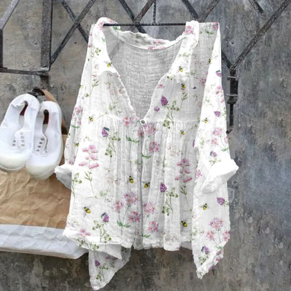 Ladies Floral Bee Pattern Casual Cotton Linen Shirt