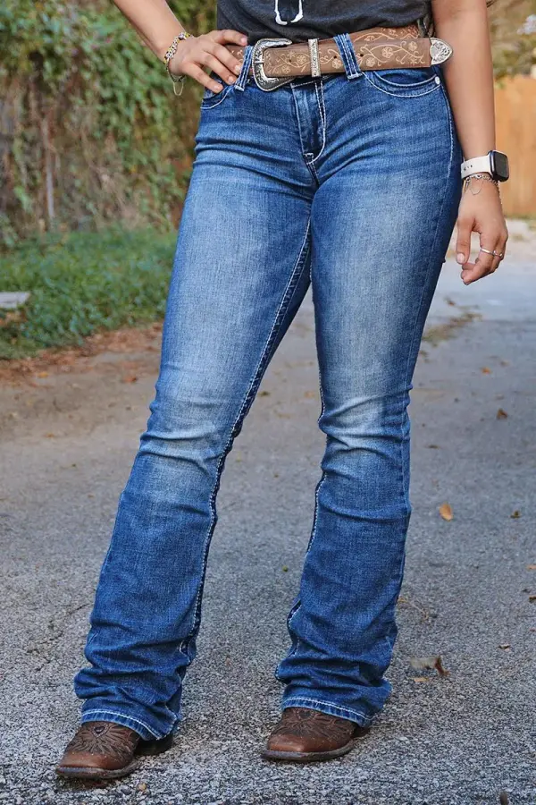 Wash Baroque Embroidery Mid Rise Bootcut Jeans Without Belt