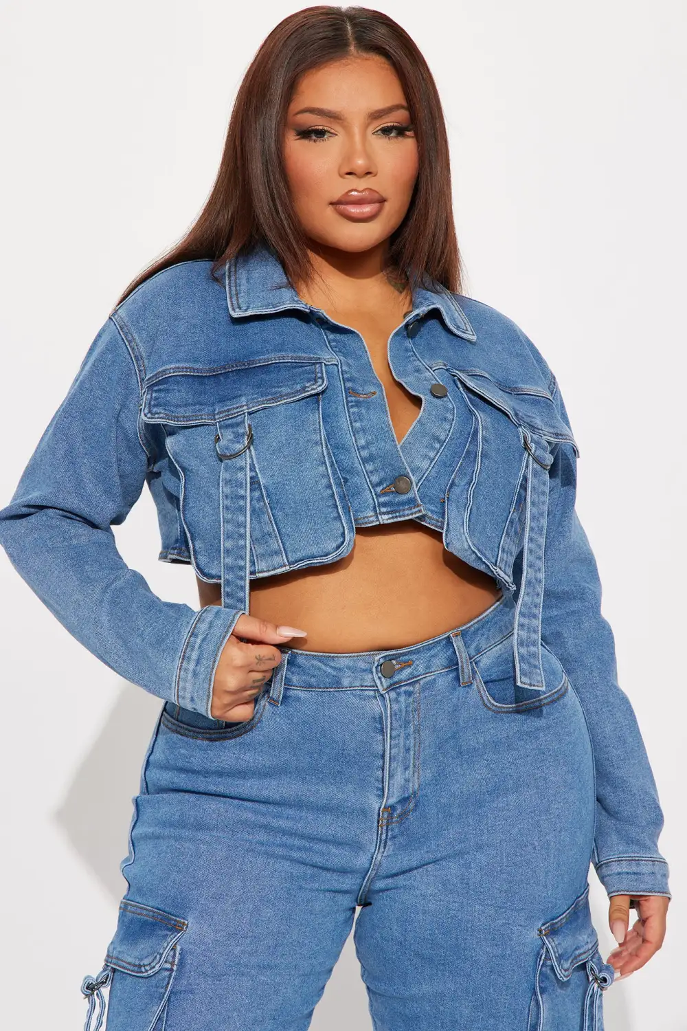 Love Hurts Cargo Denim Jacket - Medium Blue Wash
