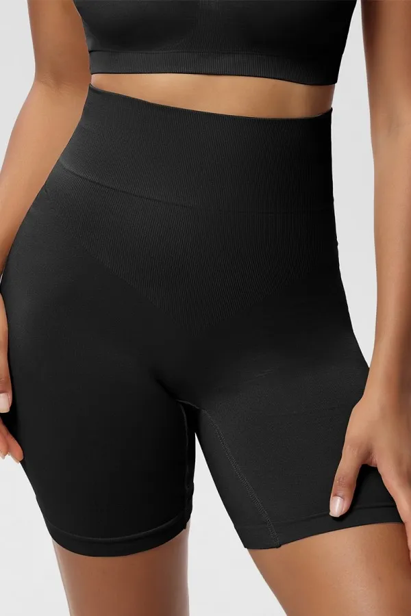 Black Solid Tummy Control High Waisted Shaper Shorts