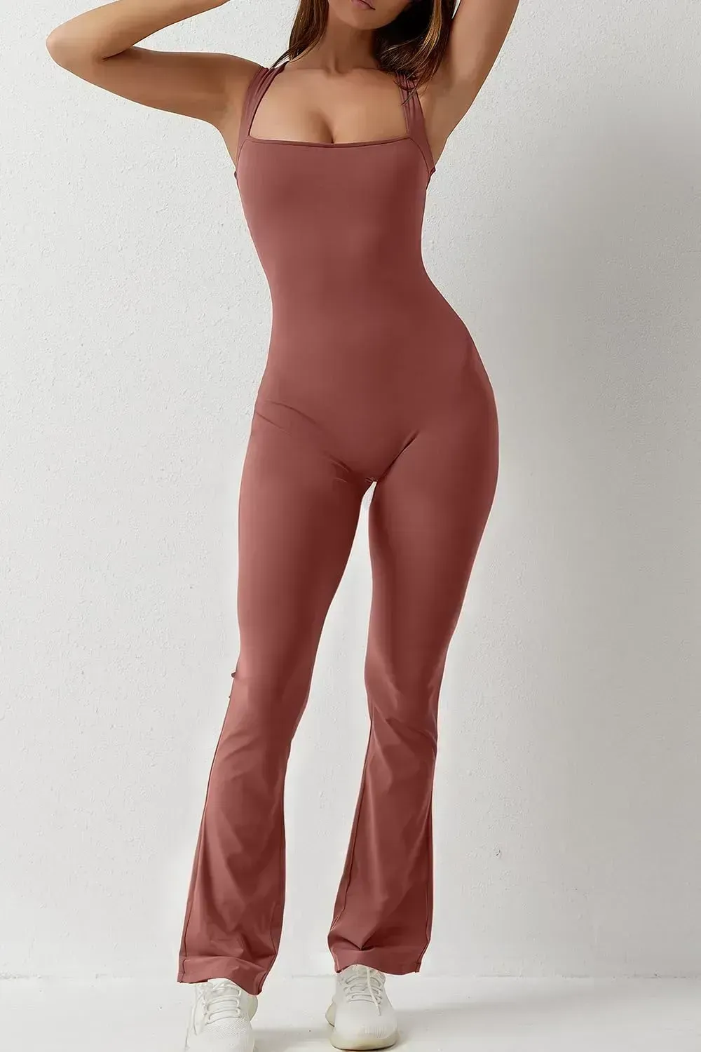 Flare Jumpsuits for Women Strappy Square Neck Bodycon Full Length Long Pants Casual Playsuit