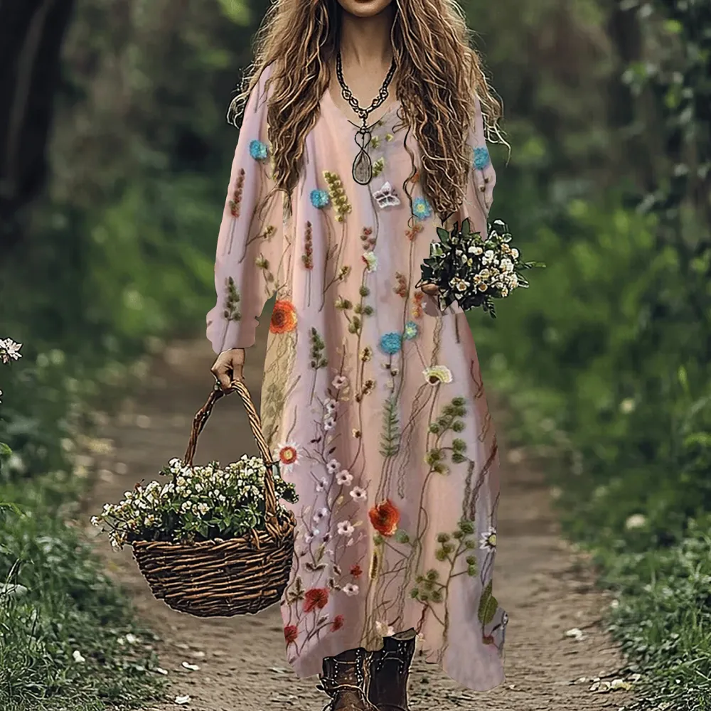 Cozy Floral Embroidery Art Linen Blend Maxi Dress