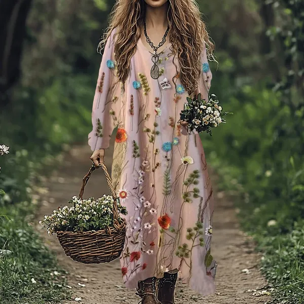 Cozy Floral Embroidery Art Linen Blend Maxi Dress