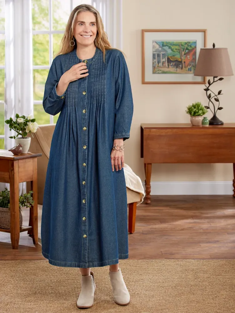 Pintuck Cotton Denim Dress