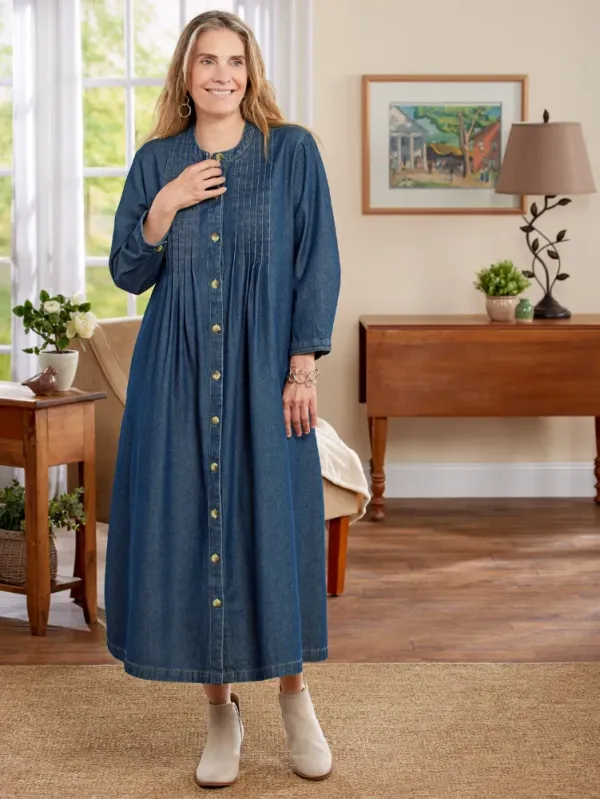 Pintuck Cotton Denim Dress