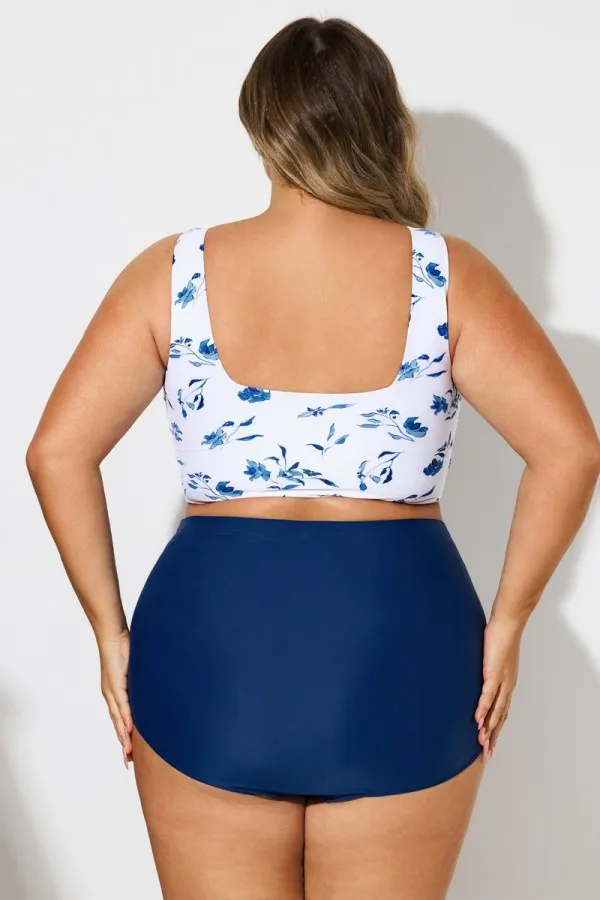 Blue & White Square Neck Floral Print Bikini Top