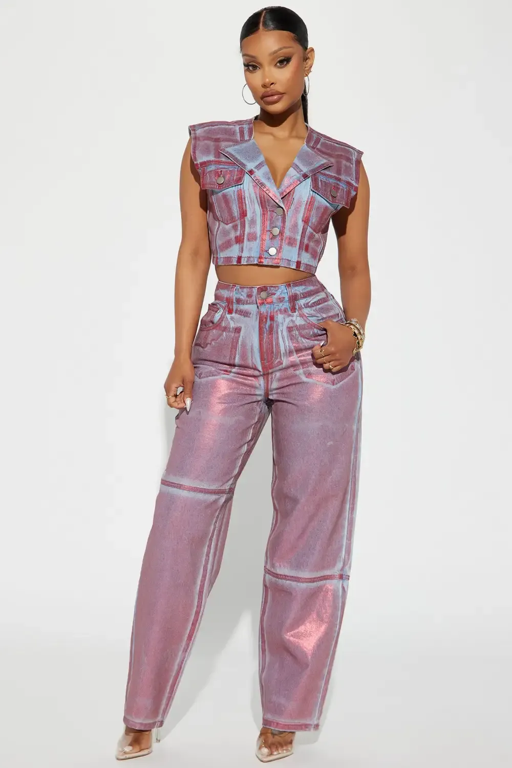 Rosa Non Stretch Straight Leg Metallic Jean - Red