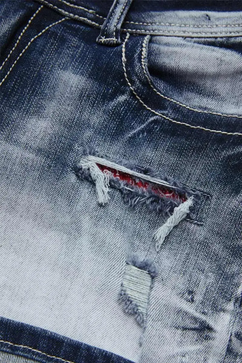 Wash Paisley Patched Ripped Mid Rise Denim Shorts