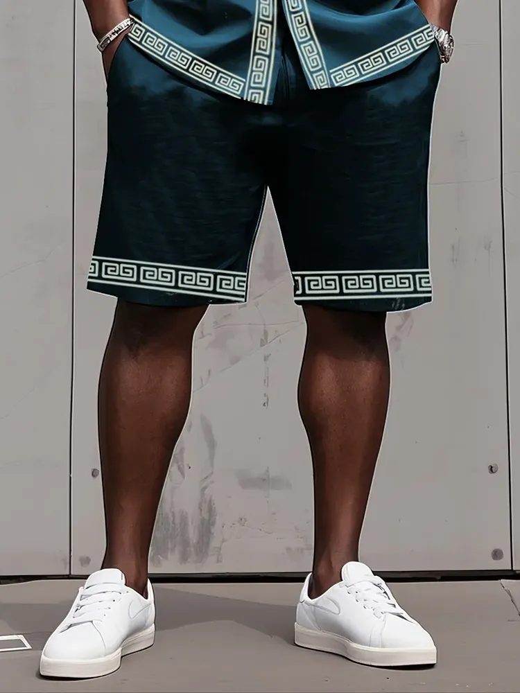 Big Man'S Retro Daily Casual Edge Color Block Printing Short Sleeve Shirt Shorts Suit