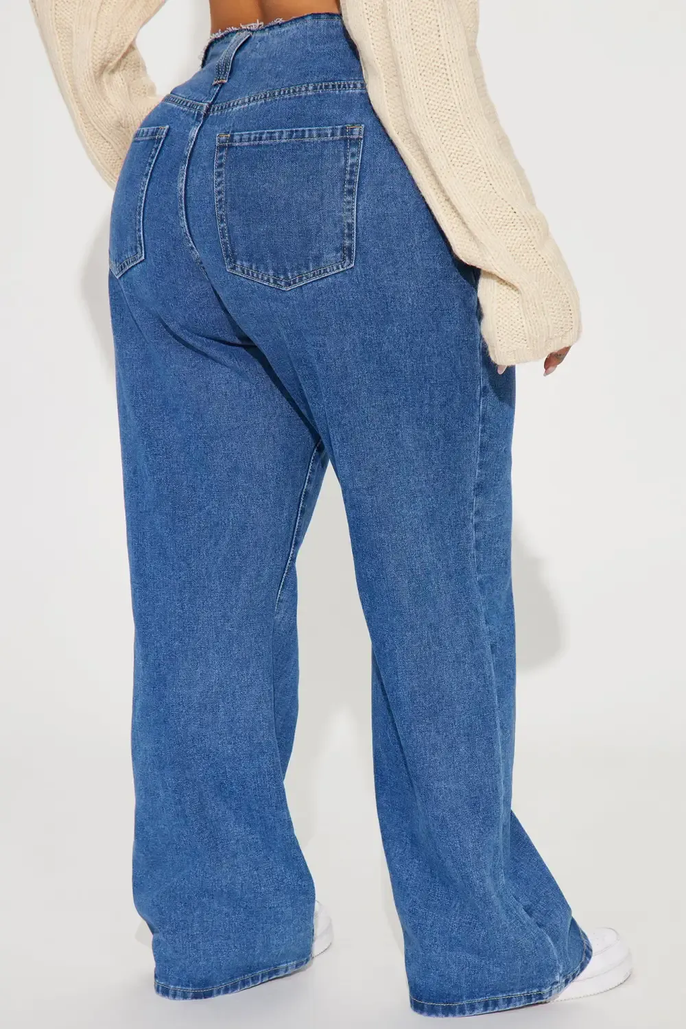 Uphill Cut Off Waistband Baggy Jeans - Medium Wash