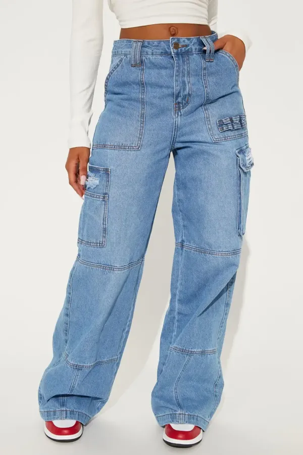 Ready Or Not Cargo Jeans - Light Blue Wash
