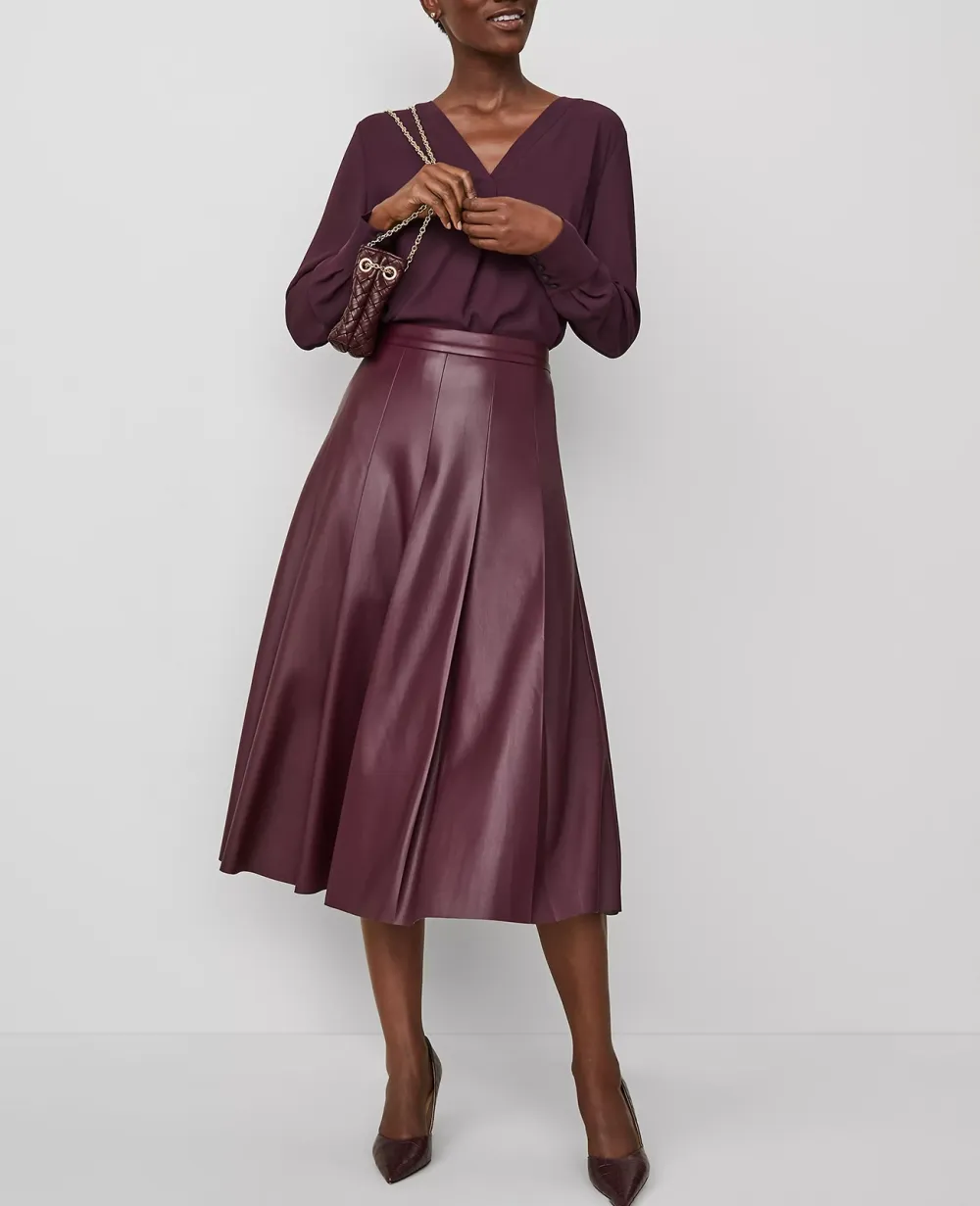 Petite Faux Leather Pleated Midi Skirt