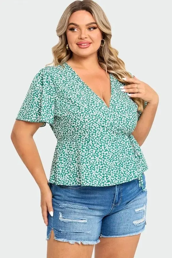 Floral Print Butterfly Sleeve Wrap Knot Side Blouse