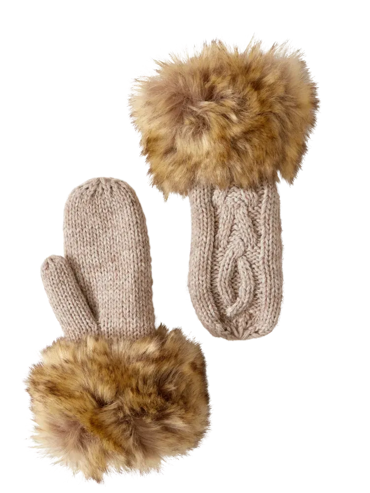 Faux Fur Cable-Knit Mittens