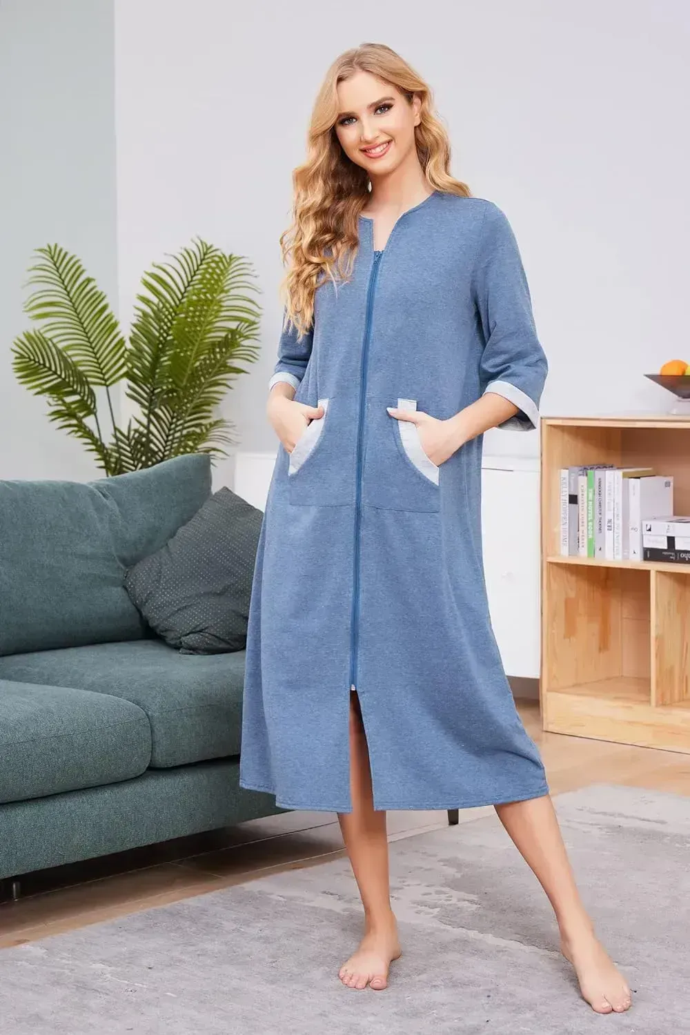 Women Zipper Robe 3/4 Sleeves Loungewear Dress Full Length Sleepwear Pockets Housecoat Nightgown Long Bathrobe
