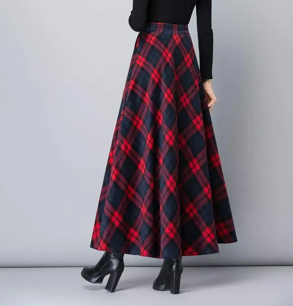 Women's Winter Elegant Warm Long Skirt Wool Maxi Skirts Elastic Waist A-Line High Waist Plaid Pleated Skirt S-3XL