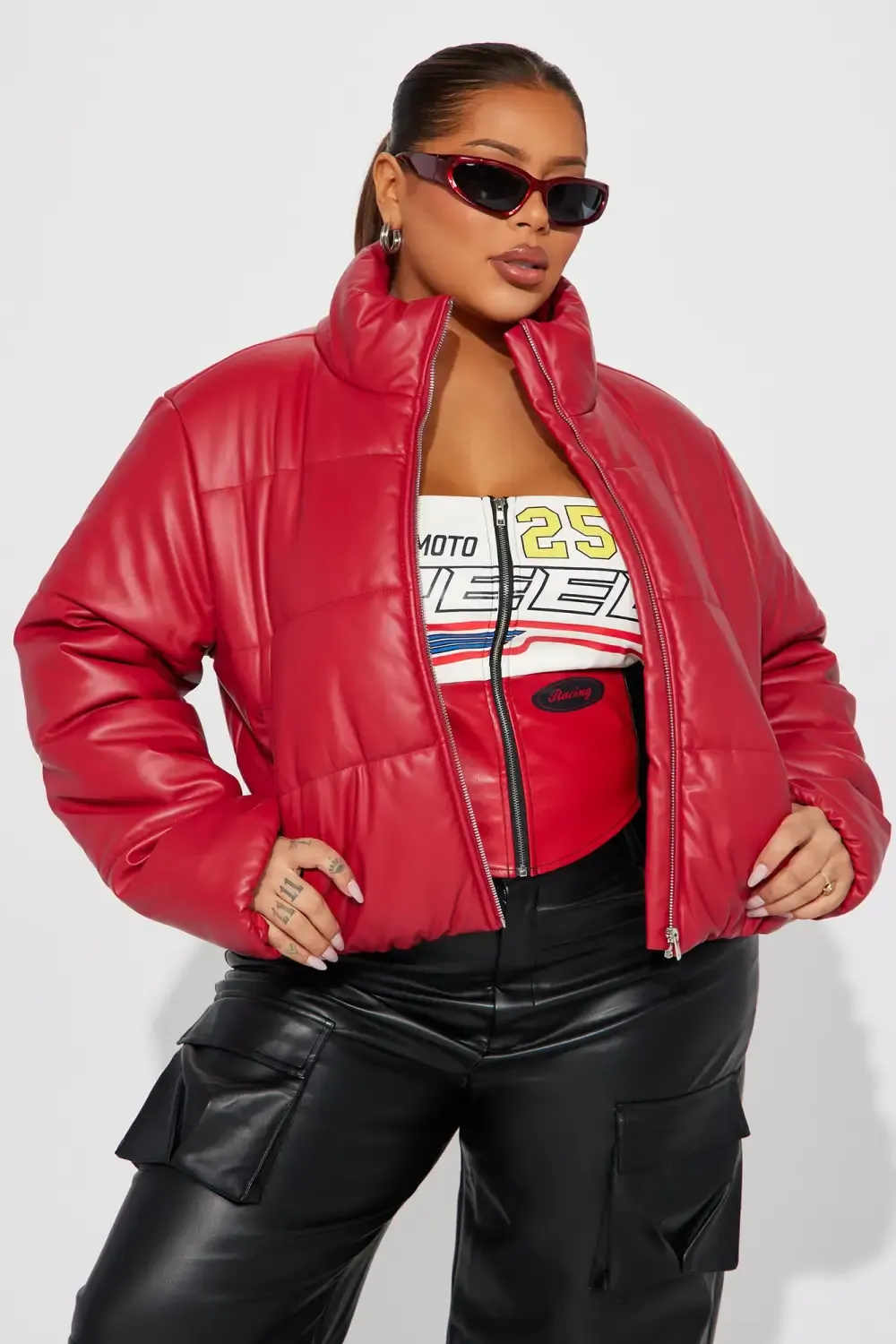Vixen Faux Leather Puffer Jacket - Red