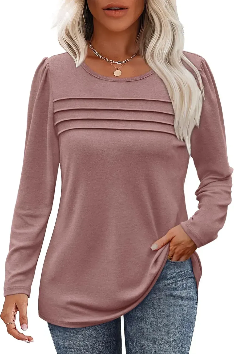 OFEEFAN Long Sleeve Shirts for Women Fall Fashion 2024 Dressy Casual Blouses Trendy Pleated Tunic Tops for Leggings