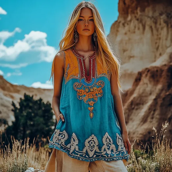 Vintage Tribal Ethnic Floral Embroidery Art V-neck Linen T-shirt
