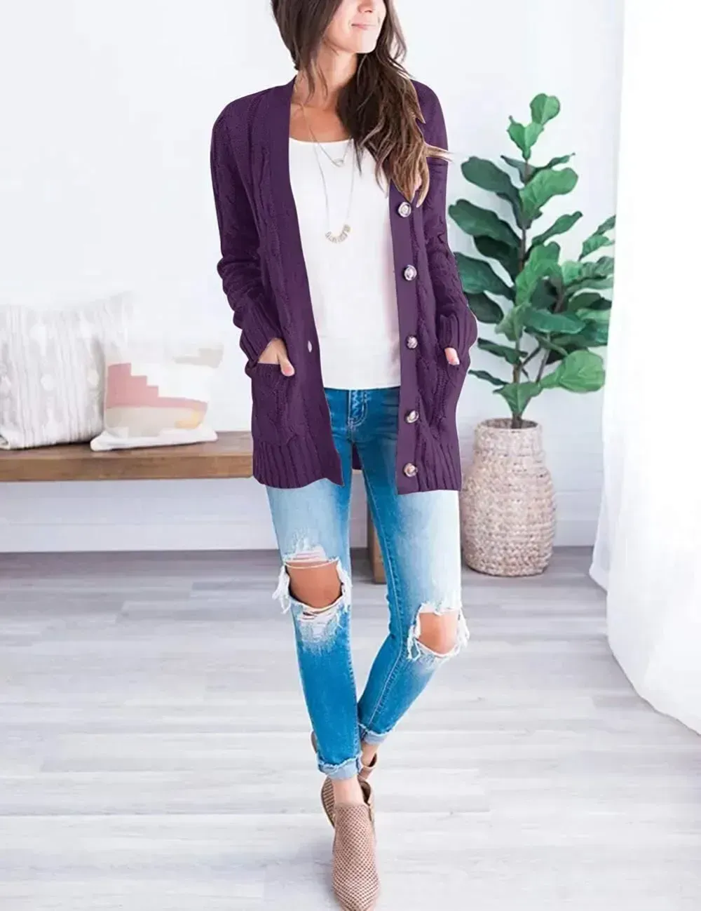 MEROKEETY Women's 2024 Fall Long Sleeve Cable Knit Sweater Open Front Cardigan Button Loose Outerwear