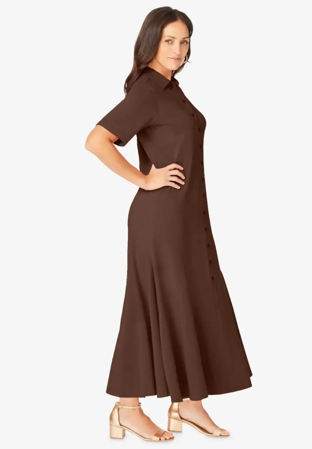 Stretch Cotton Button Front Maxi Dress