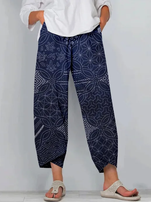 Vintage Japanese Sashiko Art Cropped Casual Pants