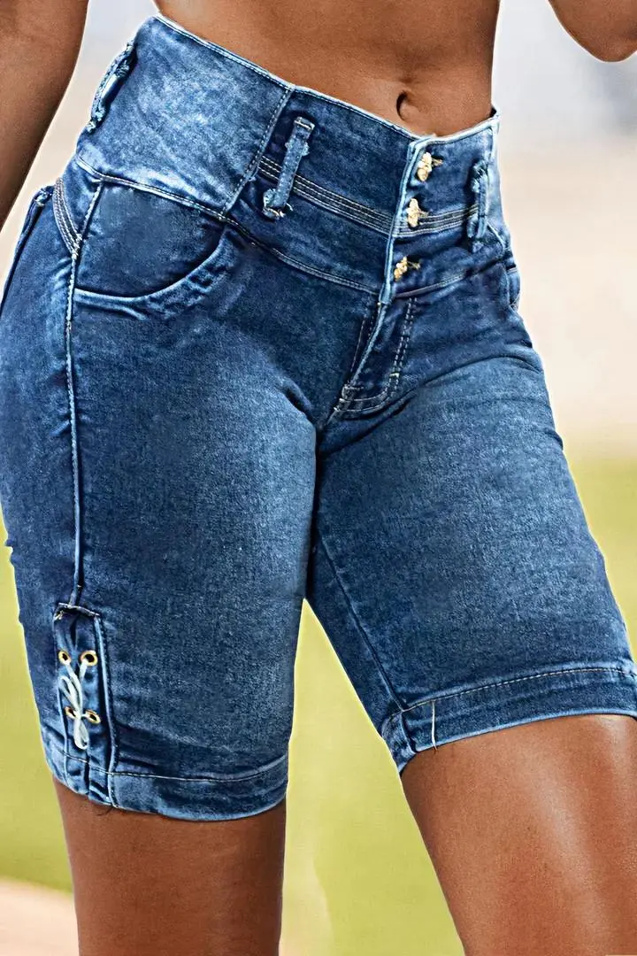 Button Fly Lace Up Side Mid Thigh Denim Shorts
