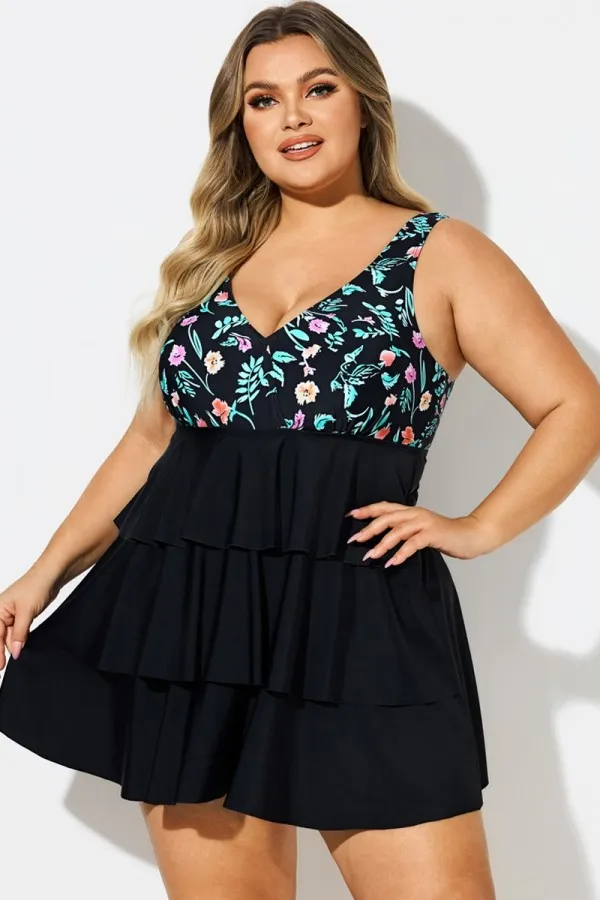 Plus Size Floral Print V-Neck Layered Swimdress