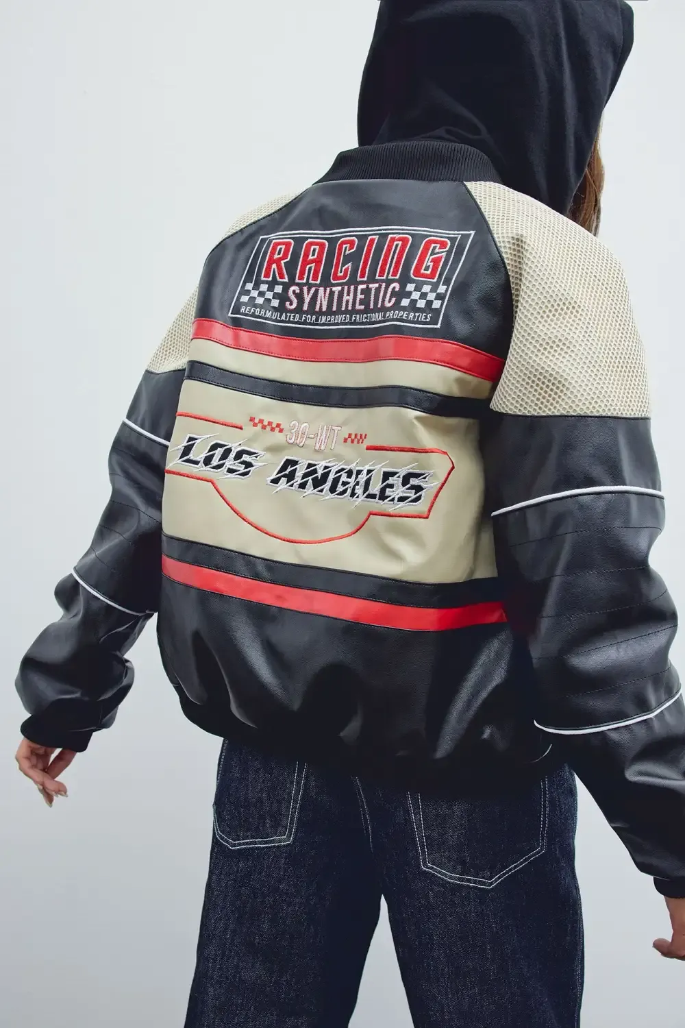 New York Streets Faux Leather Bomber Jacket - Black/combo
