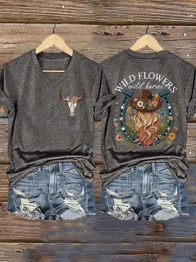 Women's Wild Flowers Wild Horses Printed T-Shirt