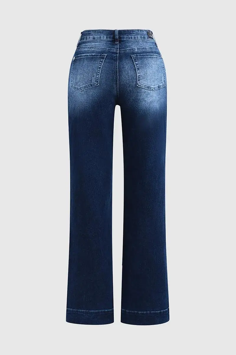 Pocket Detail Mid Rise Straight Leg Jeans Without Belt
