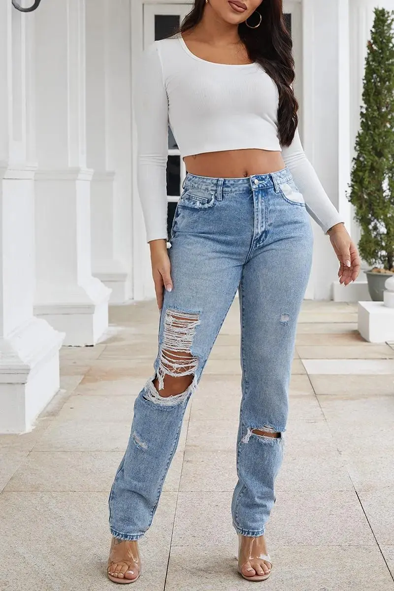 Cut Out Slant Pocket Low Waist Straight Leg Jeans
